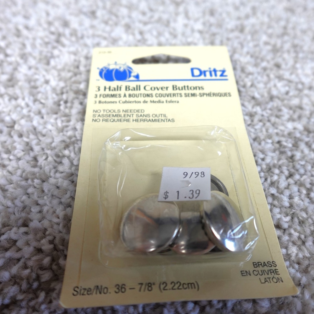 Dritz 3 Half Ball Cover Buttons 7/8 inch 2.22cm No Tools Needed Brass 213-36